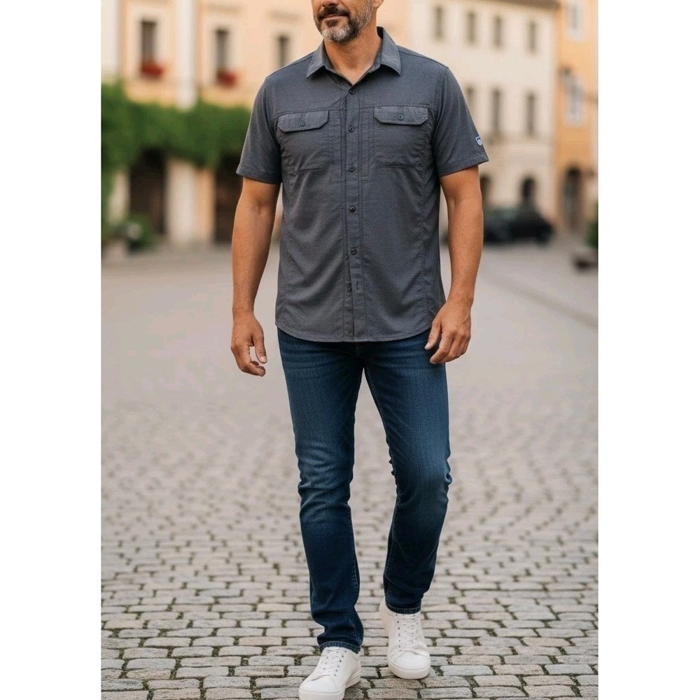 Kuhl Airspeed Shirt Mens S Gray Short Sleeve Button Down Hiking Mesh Panels